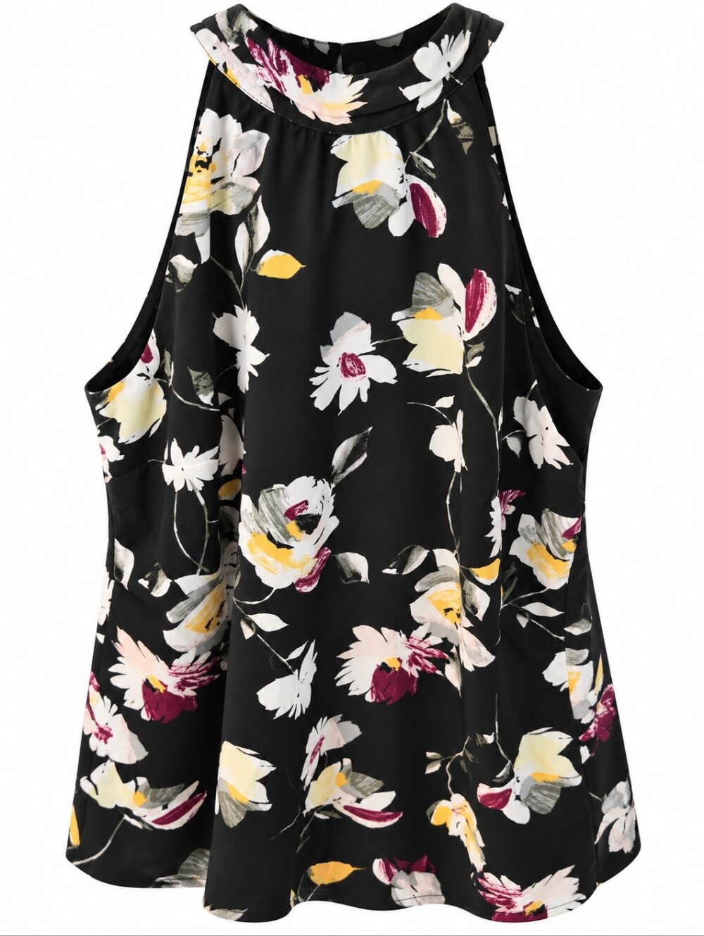 Floral Halter Tank Top - Black with Yellow & Pink Floral